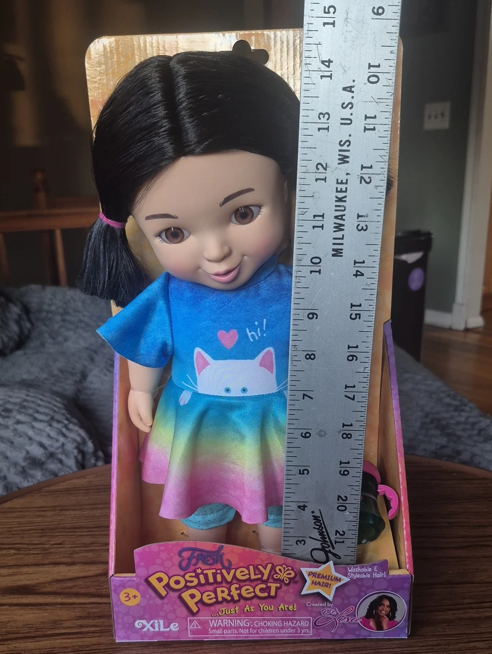 New In Box Positively Perfect Doll in Blue & Rainbow Dress. For Ages 3+.